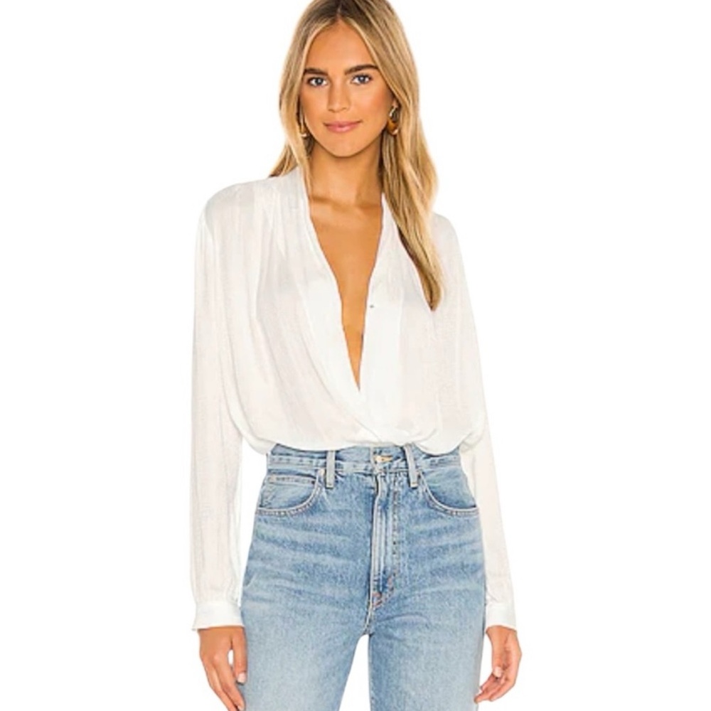 Do+Be Curve Elegant White Women's deep V long sleeve bodysuit